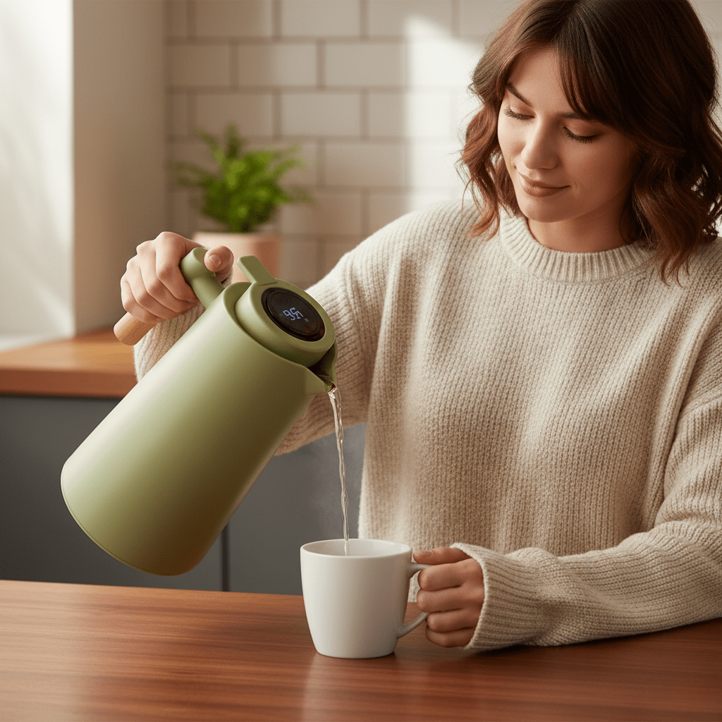 Thermoskan – Dubbelwandig, temperatuurdisplay in deksel & houten handgreep