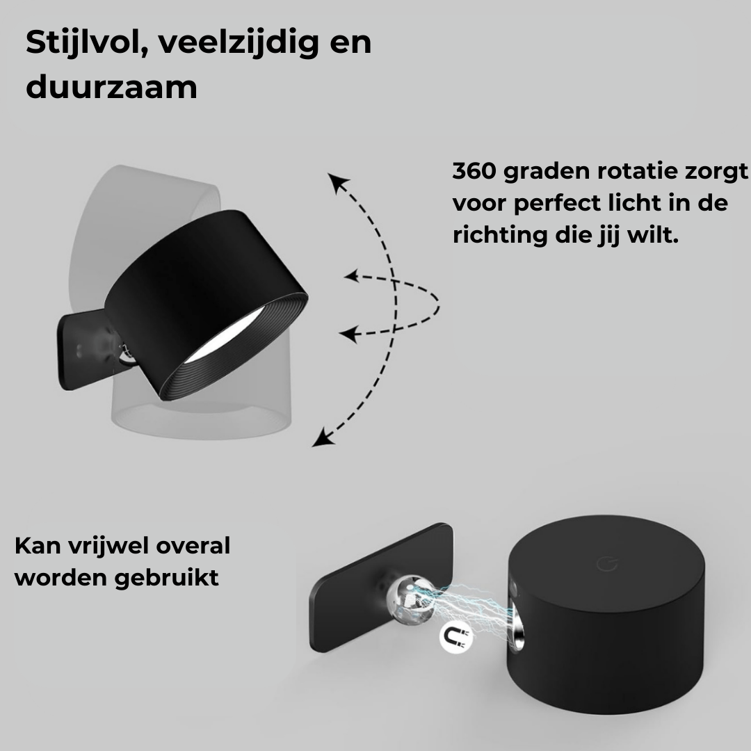LumaSphere Draadloze Wandlamp – USB-Oplaadbaar, 360° Draaibaar & Touch Bediening LED Verlichting