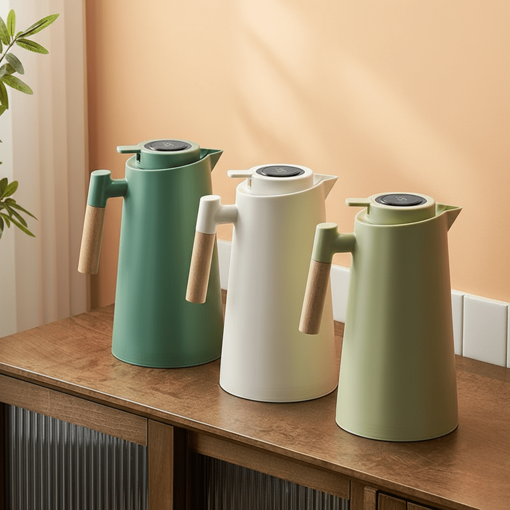 Thermoskan – Dubbelwandig, temperatuurdisplay in deksel & houten handgreep