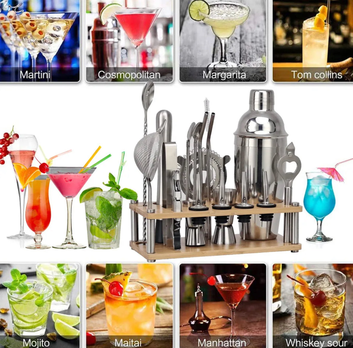 Cocktailset 23-delig – RVS Shaker, Bartools & Houten Standaard