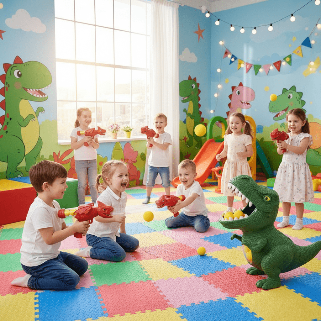 DINOPOP BLASTER – Dinosaur shooting game for children with soft foam balls & target board Bolendo