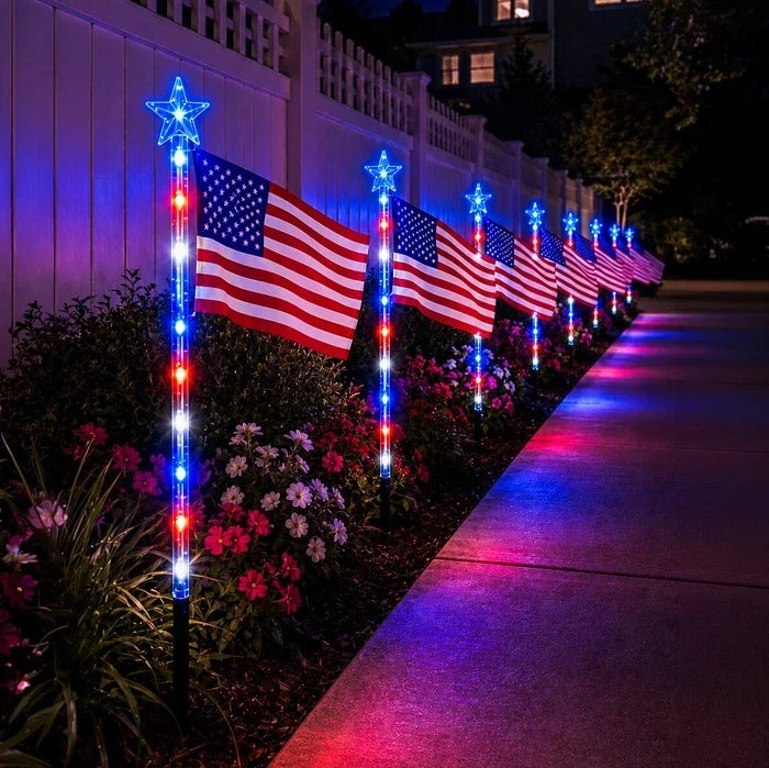 Flag Solar Path Lights – Stars and Stripes Glow in Red, White and Blue Tevako