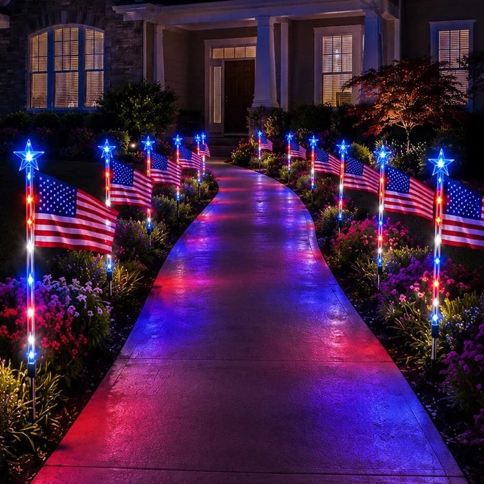 Flag Solar Path Lights – Stars and Stripes Glow in Red, White and Blue Tevako