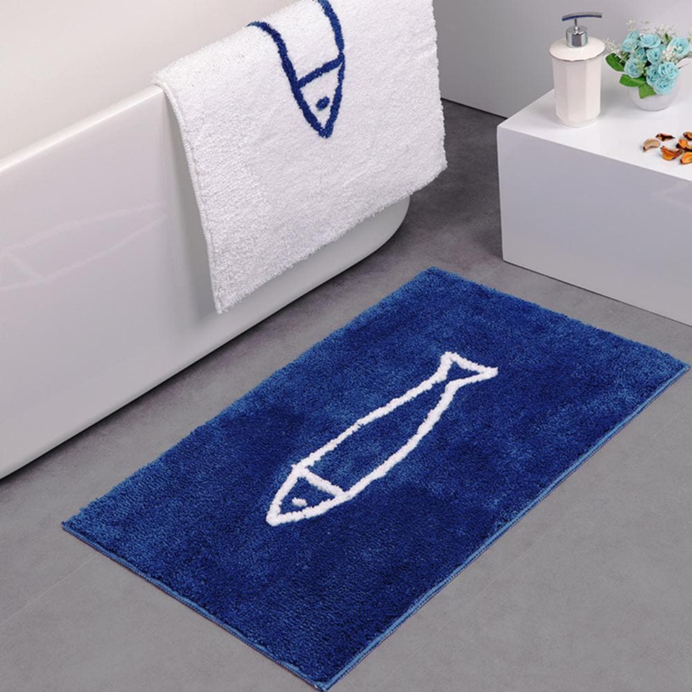 Marvona Badmat – Pluche Chenille met Antislip, Wit-Blauw Design, Wasbaar