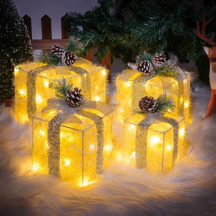 Lighted Christmas Gift Box Set – Glowing Boxes With Pinecones and Greenery Tevako