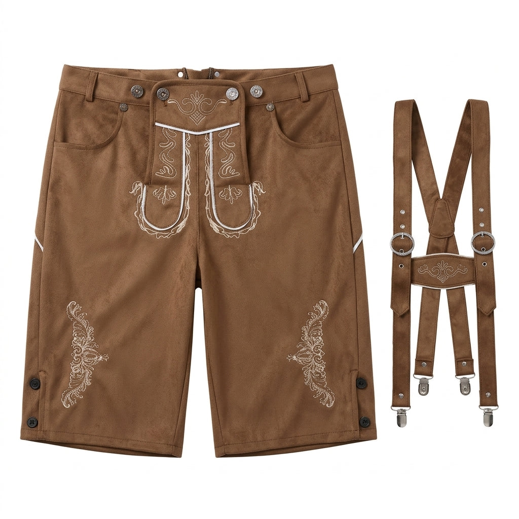 Lederhosen Heren – Korte Oktoberfest Broek met Bretels en Traditionele Borduursels VestraGear