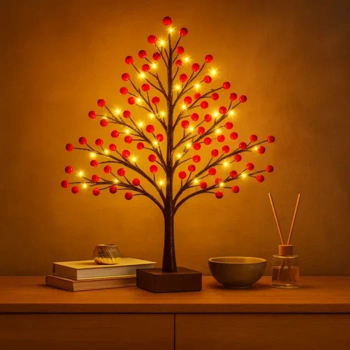 Holly Berry Tabletop Tree Lamp – Berry-Covered Branches with Warm Fairy Lights Tevako