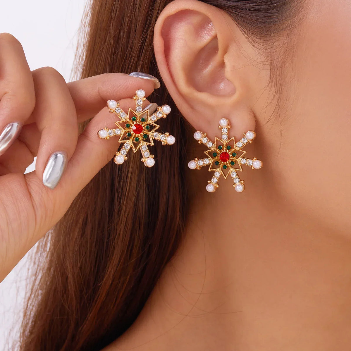 Lunessia Sneeuwvlok Oorbellen – Multicolor Zirkonia & Parel, Lichtgewicht & Elegant voor Feestelijke Gelegenheden