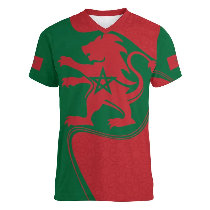 Morocco Football T Shirt For Men Cool 3d Printed Moroccan Sports V Neck T-shirt Tops Short Sleeve Summer Soccer Tee Shirts VestraGear