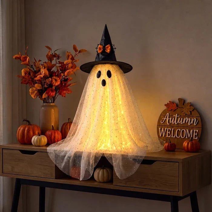Lighted Halloween Ghost – Sparkly Tulle Ghost Figure in a Witch Hat Tevako