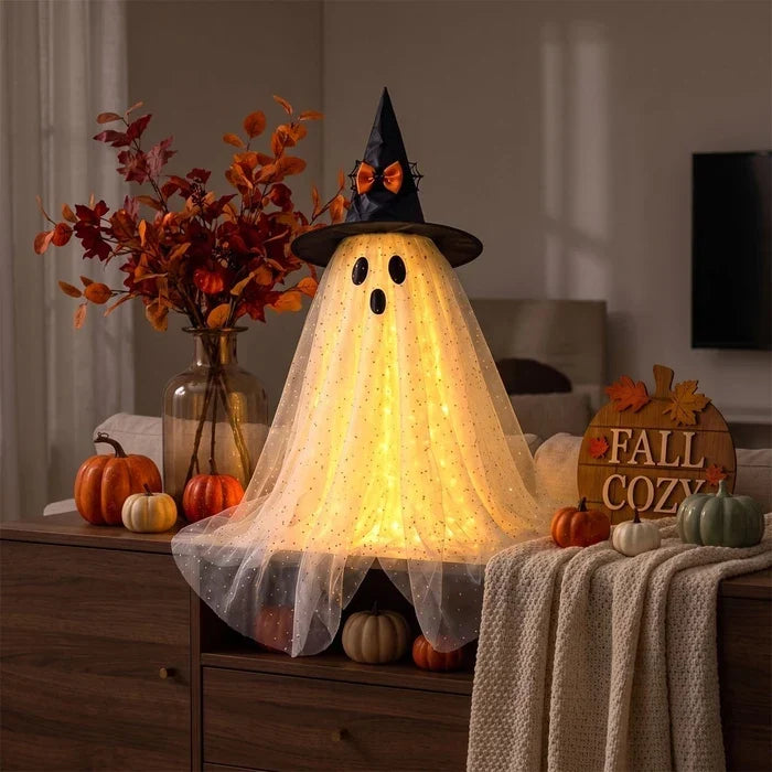 Lighted Halloween Ghost – Sparkly Tulle Ghost Figure in a Witch Hat Tevako