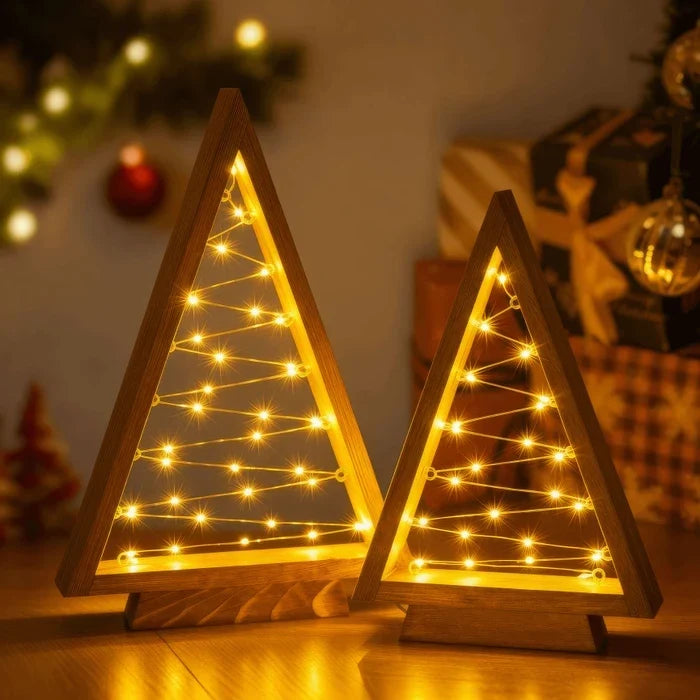 Wooden Triangle Christmas Trees – Lighted Tabletop Set With Star Fairy Lights Tevako