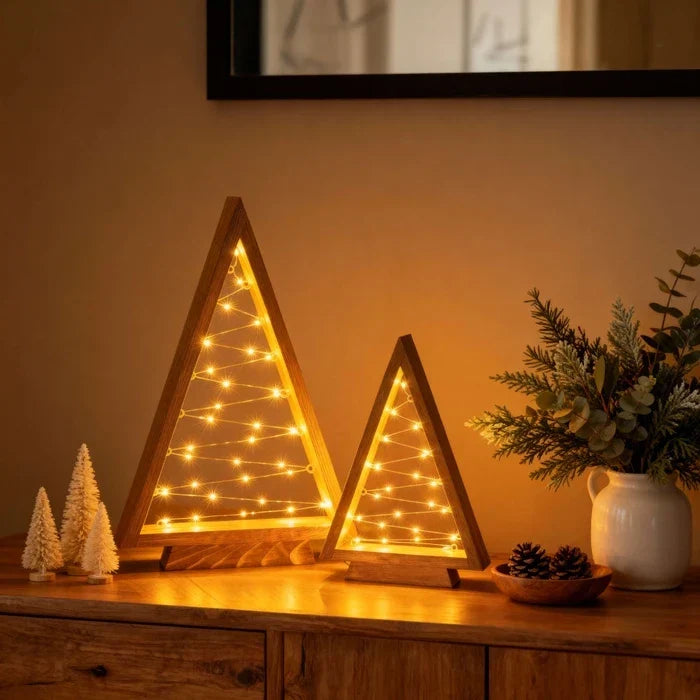 Wooden Triangle Christmas Trees – Lighted Tabletop Set With Star Fairy Lights Tevako