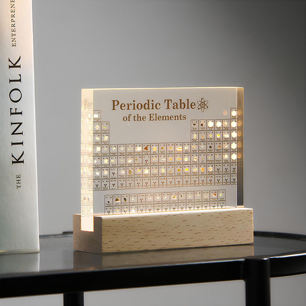 Elementa Verlichte Periodieke Tabel – Acryl display met houten voet & 83 echte elementen