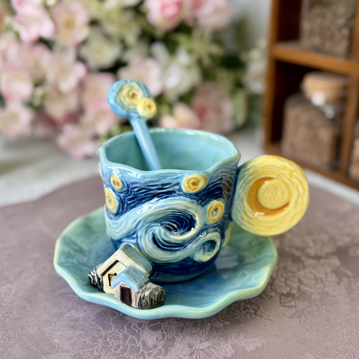 ArtSip Keramische Kop & Schotel Set – Handgeschilderd 3D Design geïnspireerd op Van Gogh Vestragear