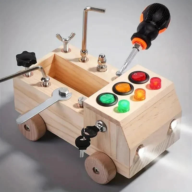 Montessori Speelbord – Interactief Houten Activiteitenbord met LED’s & Slotjes