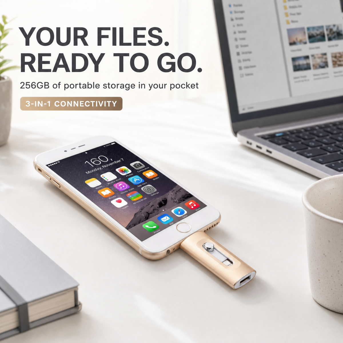 USB Stick 256GB – 3-in-1 Opslag voor iPhone, Smartphone & PC Vestragear