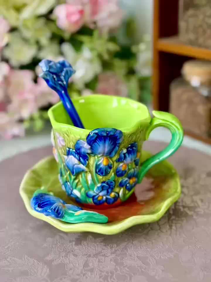 ArtSip Keramische Kop & Schotel Set – Handgeschilderd 3D Design geïnspireerd op Van Gogh Vestragear