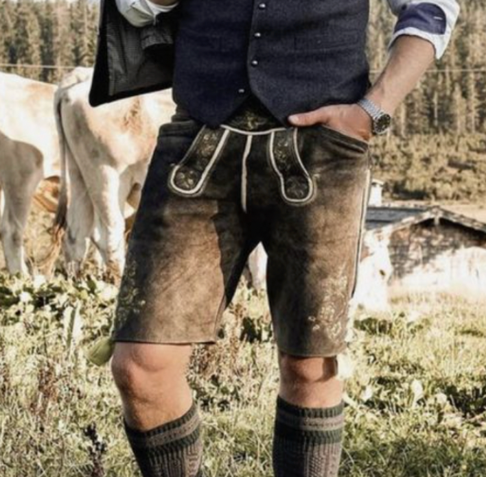 Lederhosen Heren – Korte Oktoberfest Broek met Borduursels