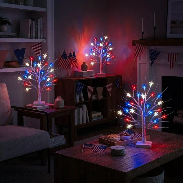 Tabletop Birch Tree Lamp – Red, White and Blue Stars on Lighted Branches Tevako