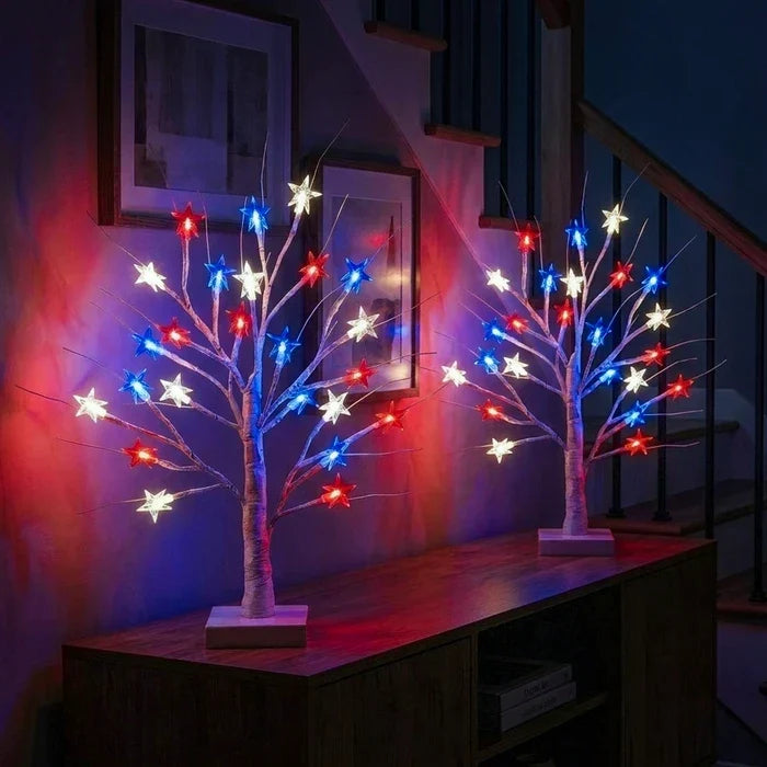 Tabletop Birch Tree Lamp – Red, White and Blue Stars on Lighted Branches Tevako