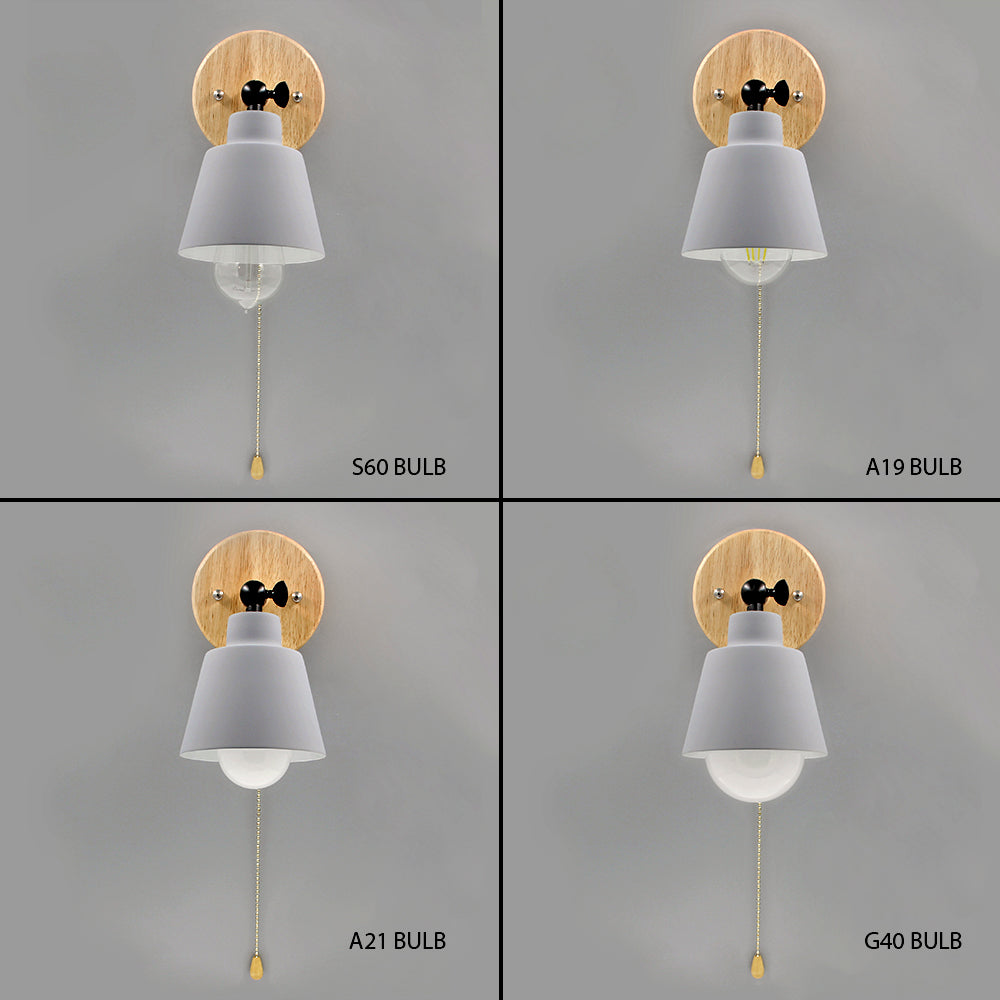 Norvia Devon Wandlamp – Metalen Kap, Houten Accent & Trekschakelaar