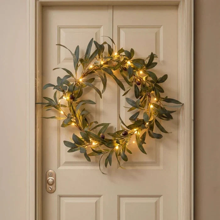 Lighted Olive Wreath – Round Olive Leaf Wreath with Warm Fairy Lights for Doors Tevako