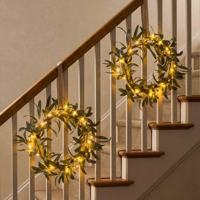Lighted Olive Wreath – Round Olive Leaf Wreath with Warm Fairy Lights for Doors Tevako