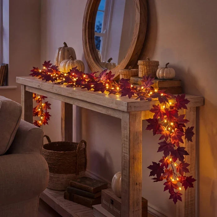 Burgundy Maple Leaf Garland – Bendable Autumn Vine with Woven Fairy Lights Tevako