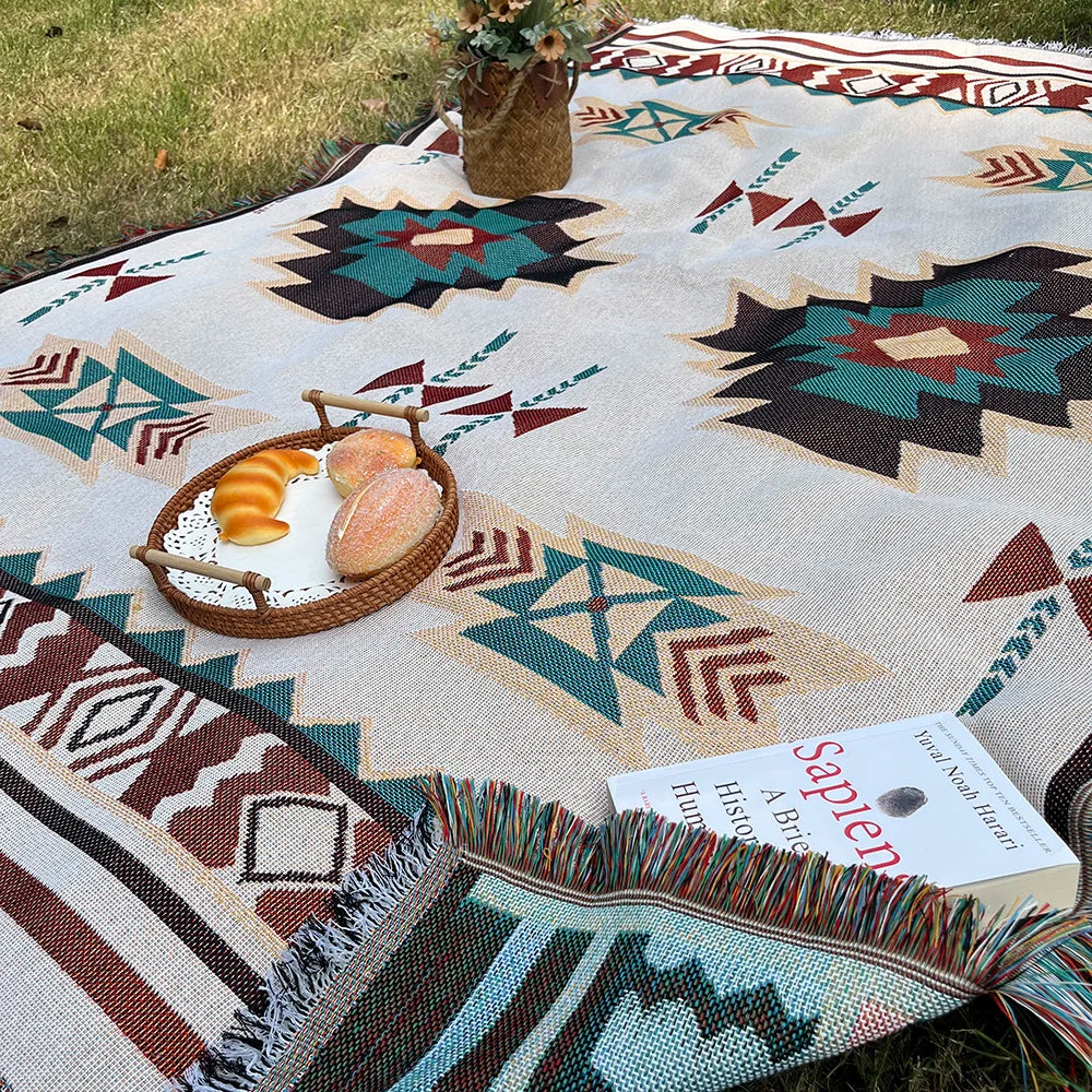 Solara – Oversized Boho Aztec Plaid met Franjes – Katoenmix voor Sofa & Bed
