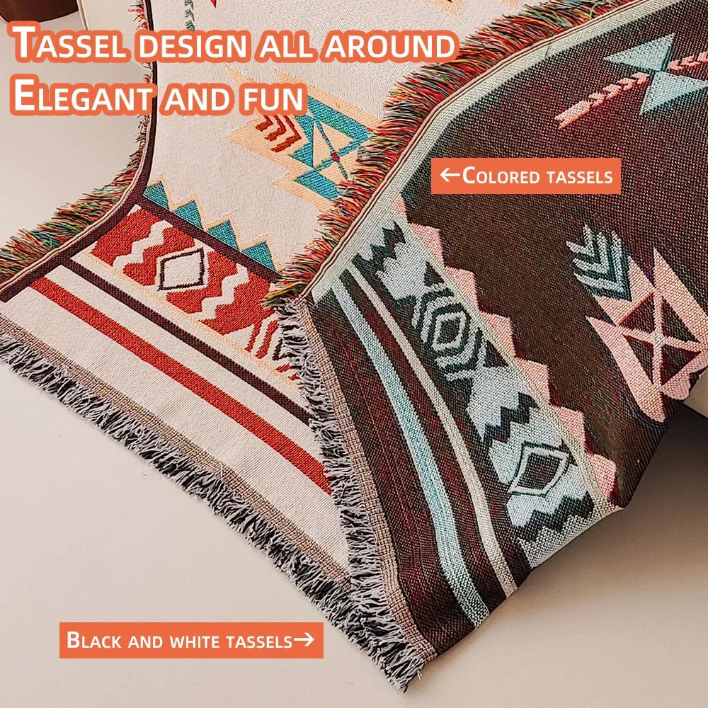 Solara – Oversized Boho Aztec Plaid met Franjes – Katoenmix voor Sofa & Bed