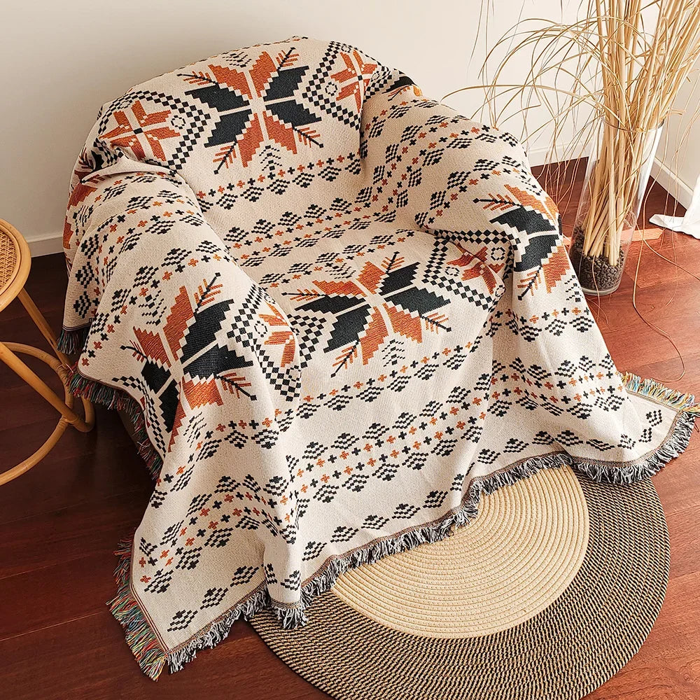 Solara – Oversized Boho Aztec Plaid met Franjes – Katoenmix voor Sofa & Bed