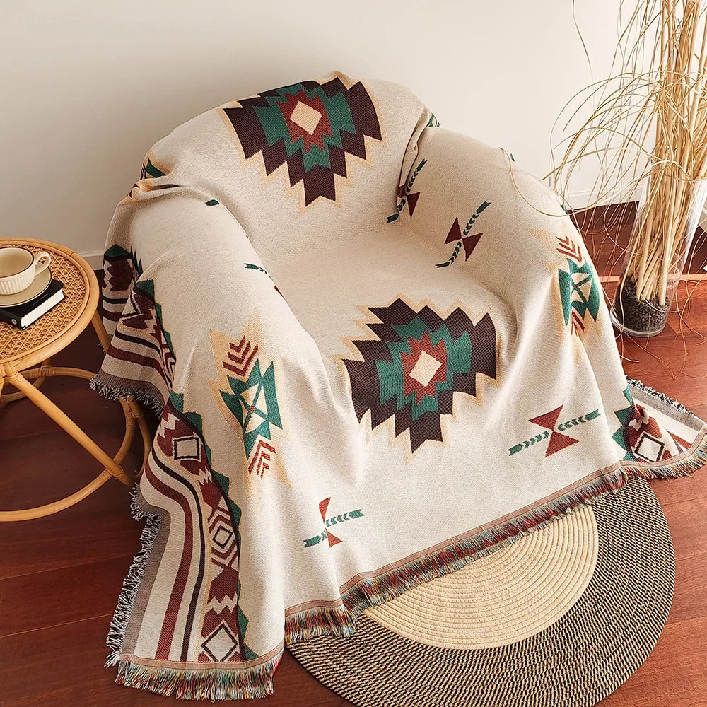 Solara – Oversized Boho Aztec Plaid met Franjes – Katoenmix voor Sofa & Bed