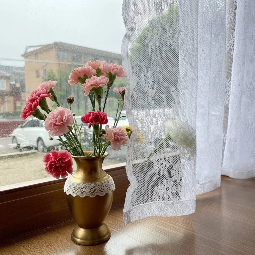 ELVAROSE - Transparent curtain panel with floral lace and rod pocket Vestragear