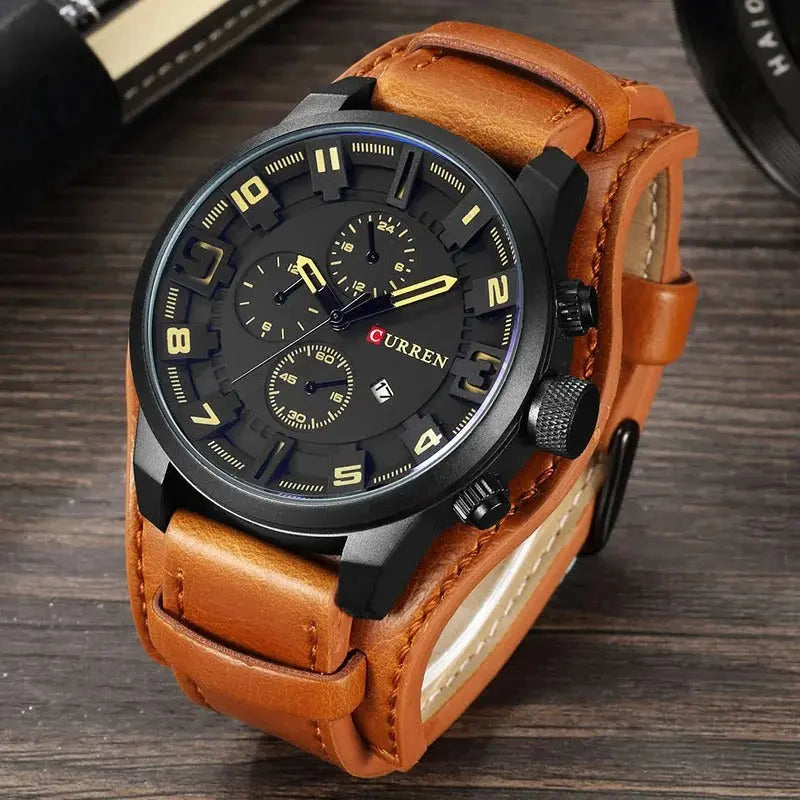 Heren Chronograaf Horloge – Quartz Uurwerk, Leren Band & Stopfunctie