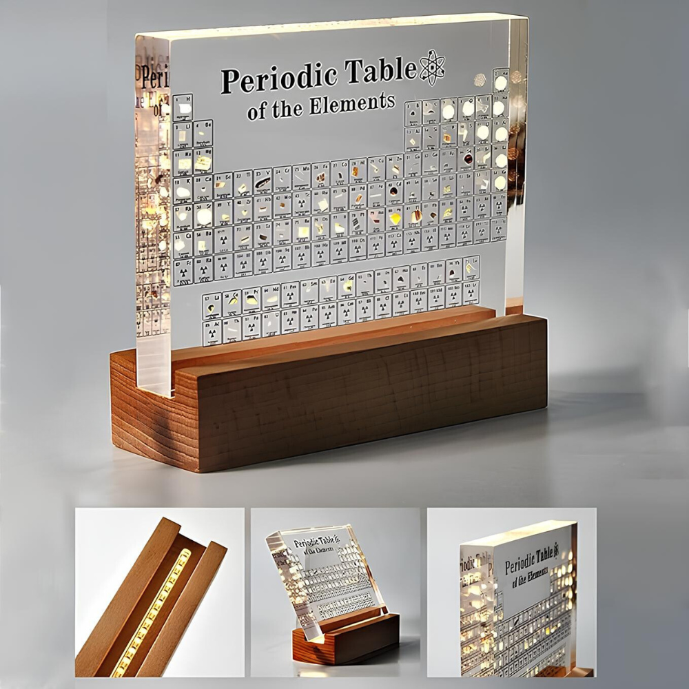 Elementa Verlichte Periodieke Tabel – Acryl display met houten voet & 83 echte elementen