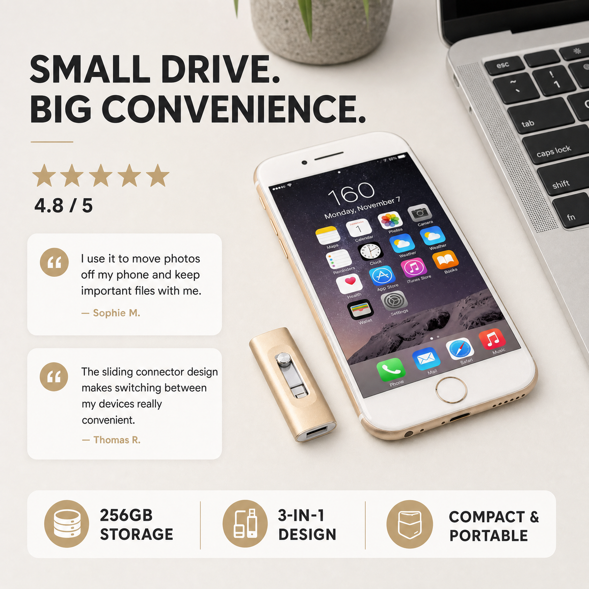USB Stick 256GB – 3-in-1 Opslag voor iPhone, Smartphone & PC Vestragear