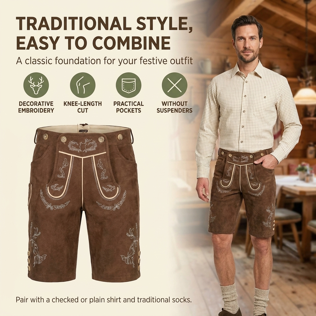 Lederhosen Heren – Korte Oktoberfest Broek met Borduursels VestraGear