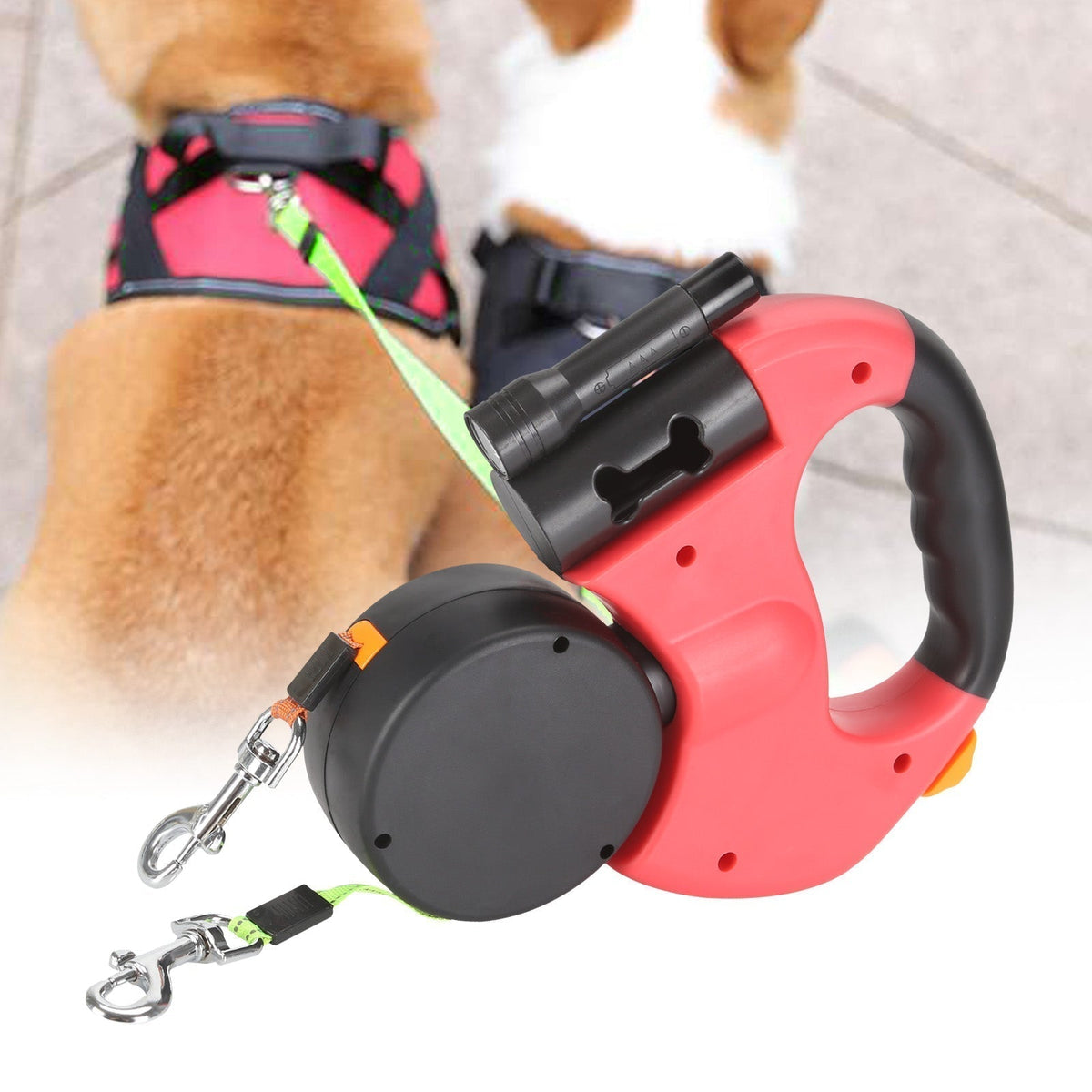 PawLink Duo Hondenriem – Dubbele Rollijn met LED & Reflectie