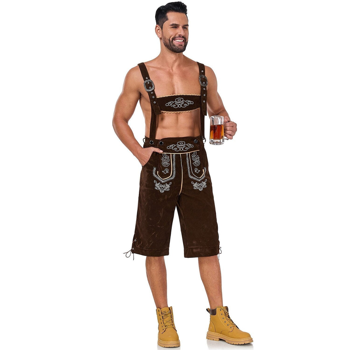 Bergkönig – Heren Lederhose met Borduursel & Bretels – Authentieke Oktoberfest Kleding
